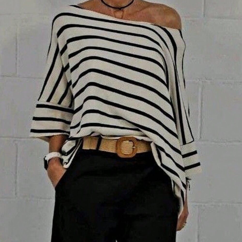 Multicolor Casual Women's Striped Batwing Sleeve Asymmetrical Neck T-Shirt